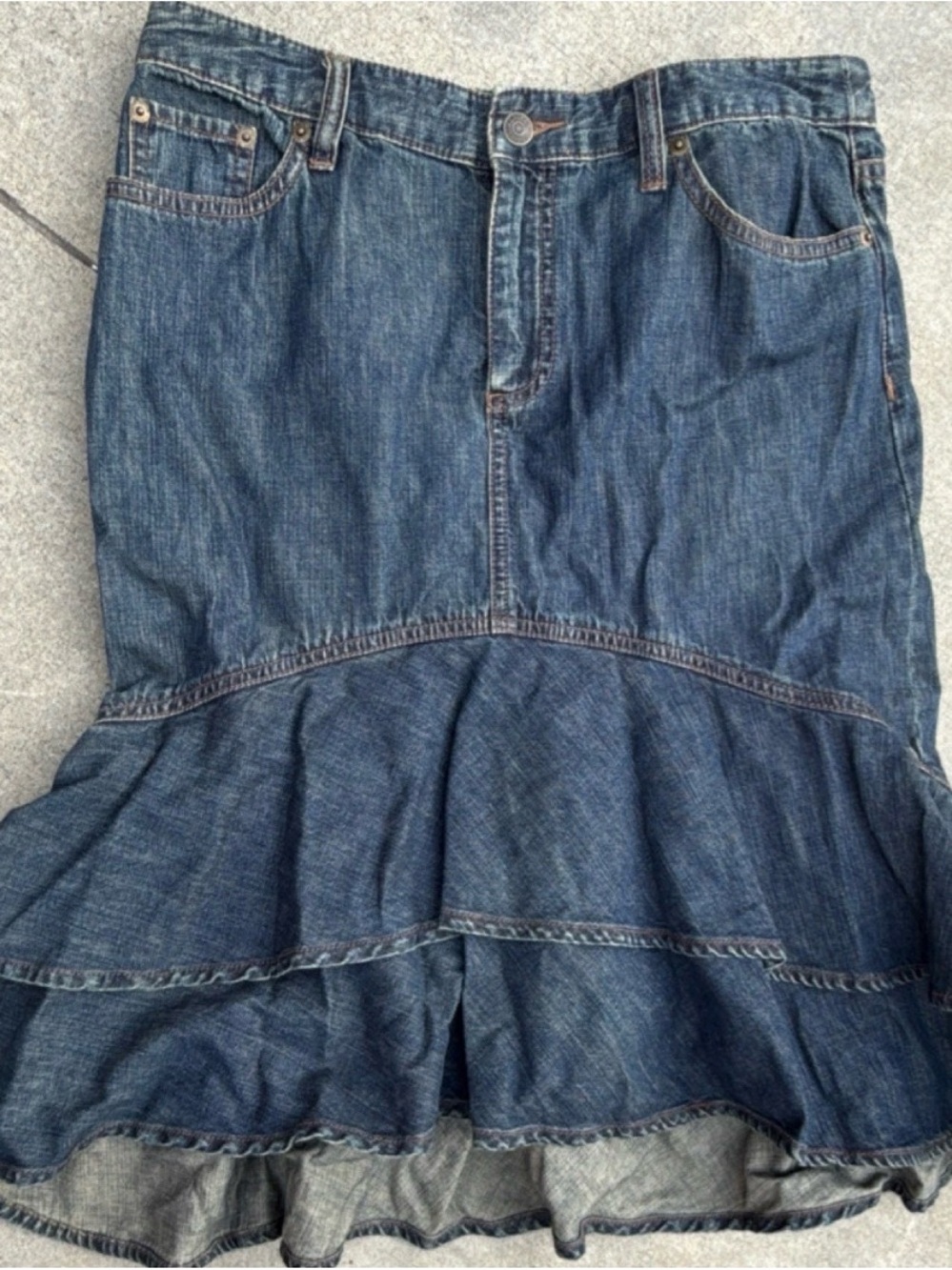 Vintage Y2K LRL Ralph Lauren Tiered Ruffle Denim Midi Skirt Size 6 Boho Coquette